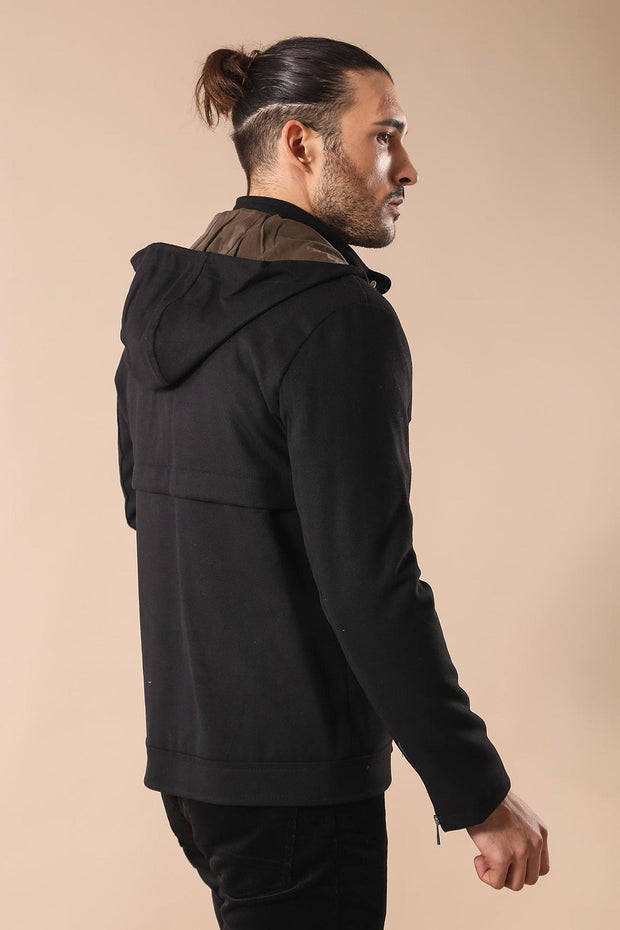 Zippered Sleeve Hooded Black Men Coat - Wessi