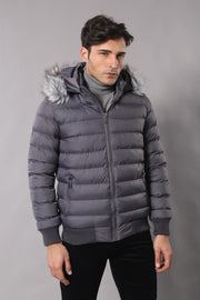 Grey Men's Puffer Coat with Fur - Wessi