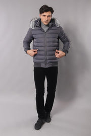 Grey Men's Puffer Coat with Fur - Wessi