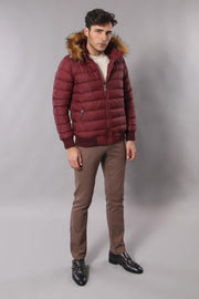 Fur Hooded Burgundy Men Down Coat - Wessi