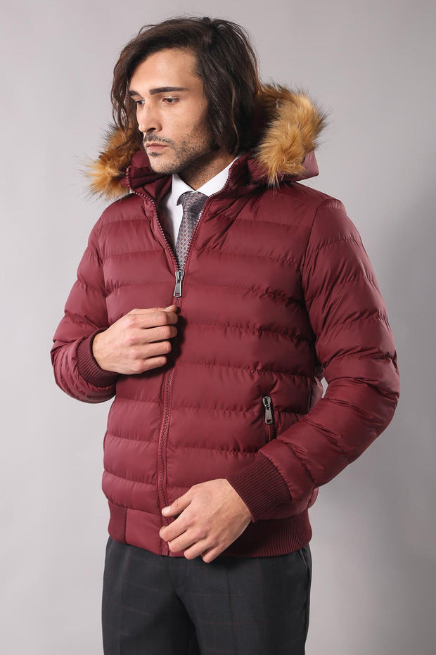 Fur Hooded Burgundy Men Down Coat - Wessi