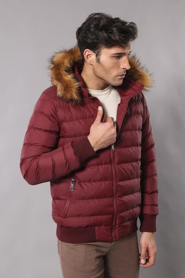 Fur Hooded Burgundy Men Down Coat - Wessi