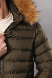 Khaki Fur Hooded Men's Puffer Coat - Wessi