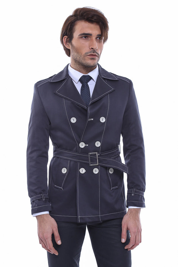 Double Breasted Navy Blue Men Trench Coat - Wessi