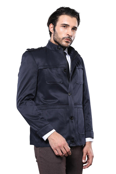 Plain Navy Blue Men Short Coat - Wessi