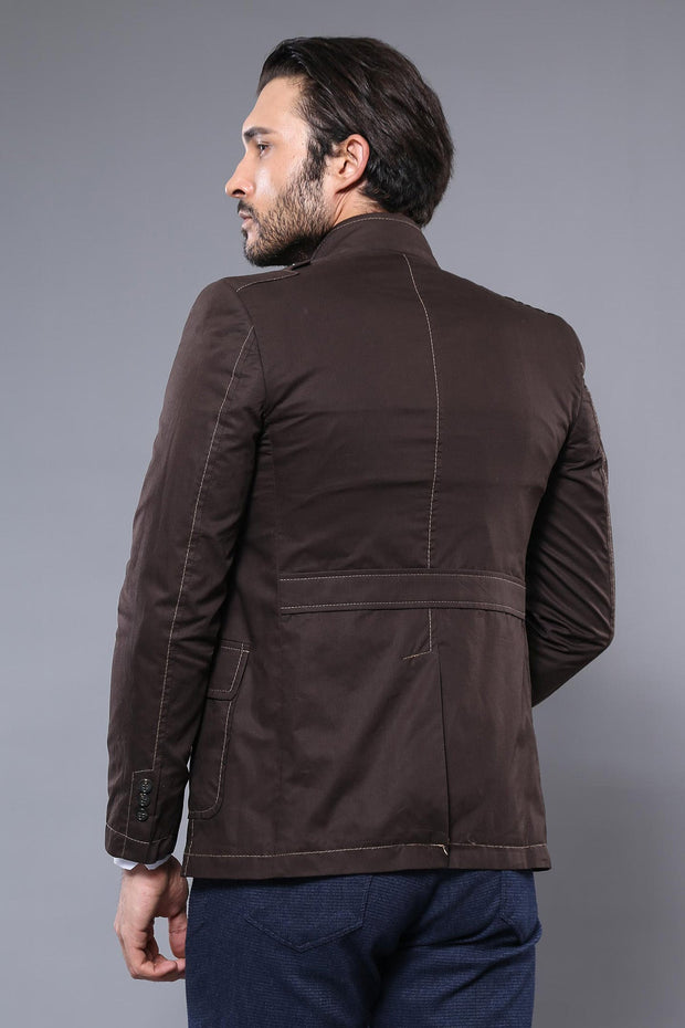 Standing Collar Brown Men Trenchcoat - Wessi