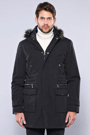 Fur Hooded Black Men Coat - Wessi