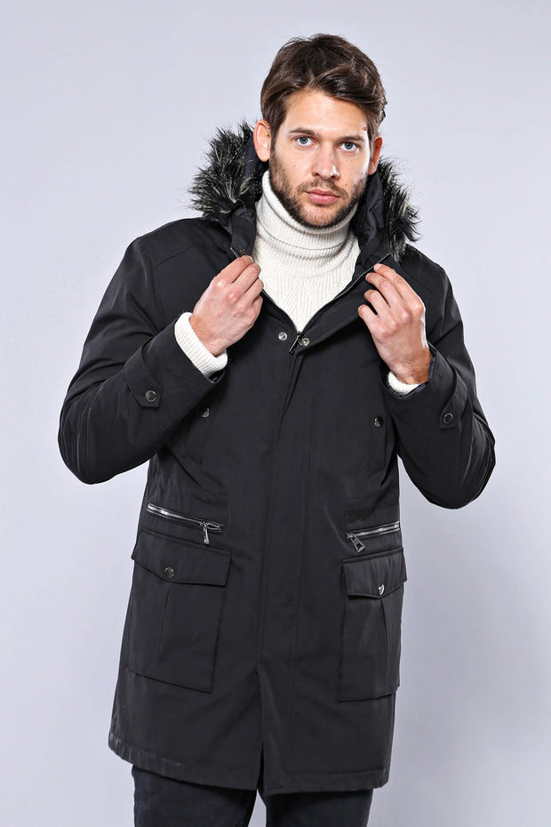 Fur Hooded Black Men Coat - Wessi