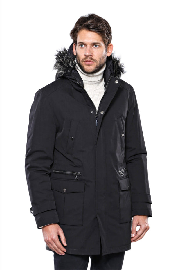 Fur Hooded Black Men Coat - Wessi