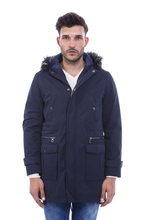 Fur Hooded Navy Blue Men Coat - Wessi