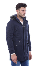 Fur Hooded Navy Blue Men Coat - Wessi