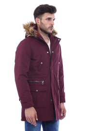 Fur Hooded Burgundy Men Coat - Wessi