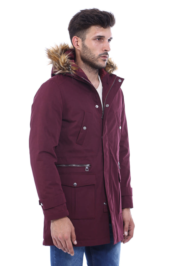 Fur Hooded Burgundy Men Coat - Wessi