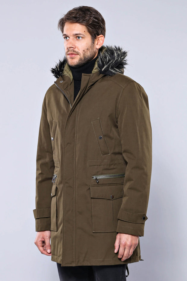 Fur Hooded Parka Khaki Men Coat - Wessi