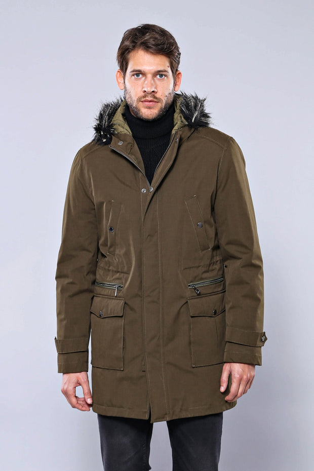 Fur Hooded Parka Khaki Men Coat - Wessi