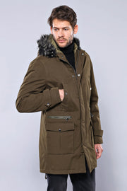 Fur Hooded Parka Khaki Men Coat - Wessi