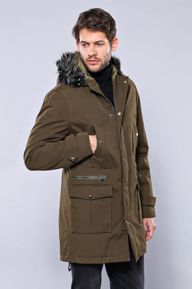 Fur Hooded Parka Khaki Men Coat - Wessi