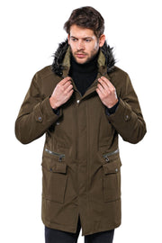 Fur Hooded Parka Khaki Men Coat - Wessi