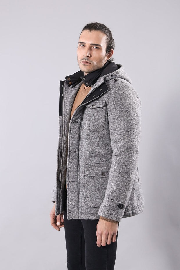 Cachet Hooded Grey Men Short Coat - Wessi