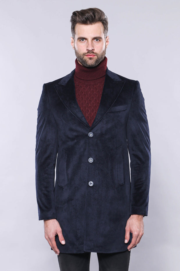 Wide Lapel Cachet Navy Blue Men Coat - Wessi