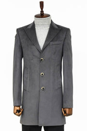 Suede Slim Fit Long Grey Men Coat - Wessi