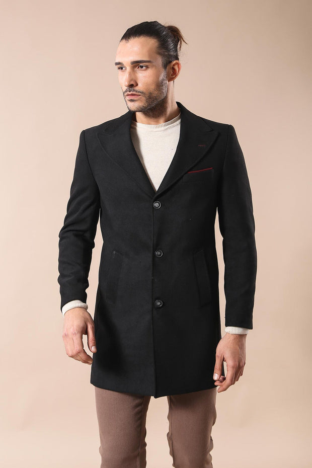 Wide Pointed Collar Over Knee Black Men Coat - Wessi