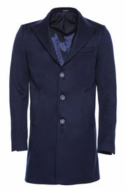 Wide Pointed Collar Over Knee Navy Blue Men Coat - Wessi