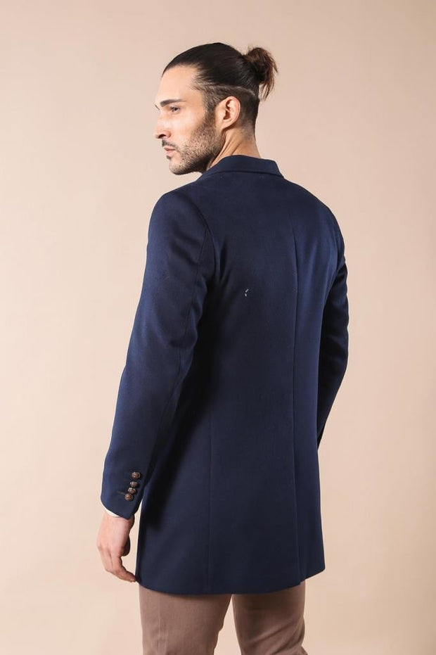 Wide Pointed Collar Over Knee Navy Blue Men Coat - Wessi