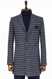 Cachet Plaid Wide Lapel Slim Fit Navy Blue Men Coat - Wessi