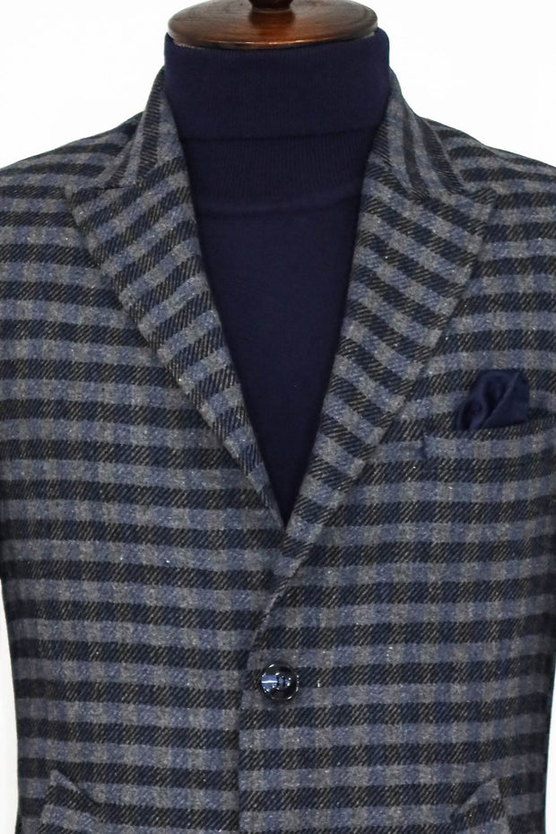 Cachet Plaid Wide Lapel Slim Fit Navy Blue Men Coat - Wessi