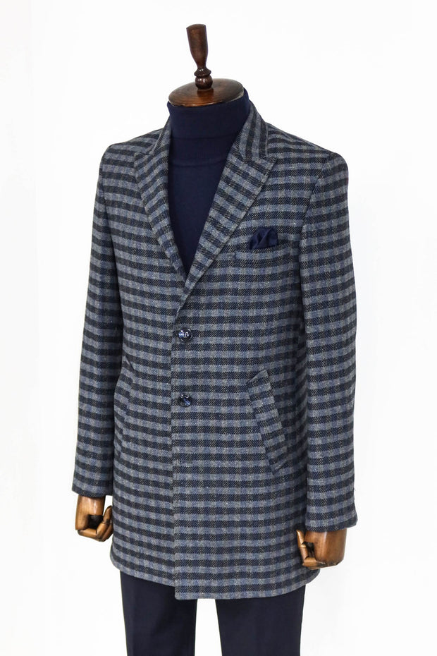 Cachet Plaid Wide Lapel Slim Fit Navy Blue Men Coat - Wessi