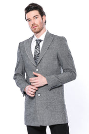 Cachet Peak Lapel Grey Men Long Coat - Wessi