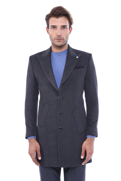 Wide Pointed Collar Smoked Over Knee Men Coat - Wessi