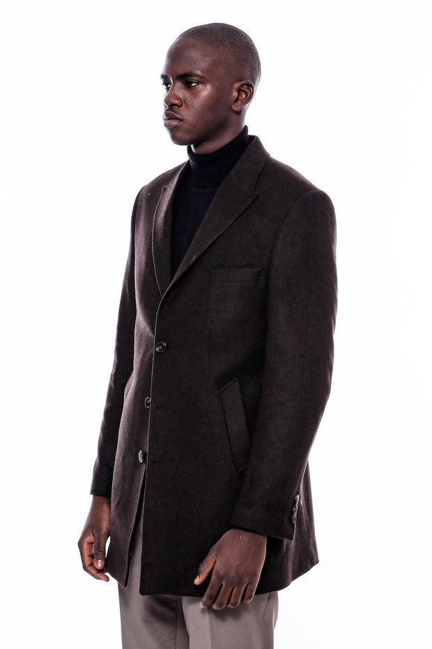 Wide Pointed Collar Over Knee Brown Men Coat - Wessi