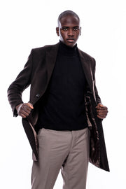 Wide Pointed Collar Over Knee Brown Men Coat - Wessi