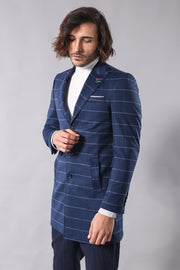 Wide Pointed Collar Indigo Men Coat - Wessi