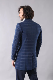 Wide Pointed Collar Indigo Men Coat - Wessi