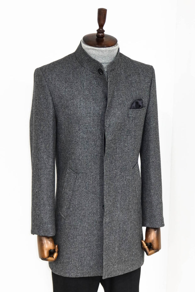 Standing Collar Patterned Grey Men Coat - Wessi