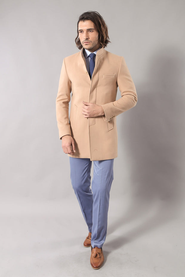 Mandarin Collar Beige Men's Long Men's Coat | Wessi