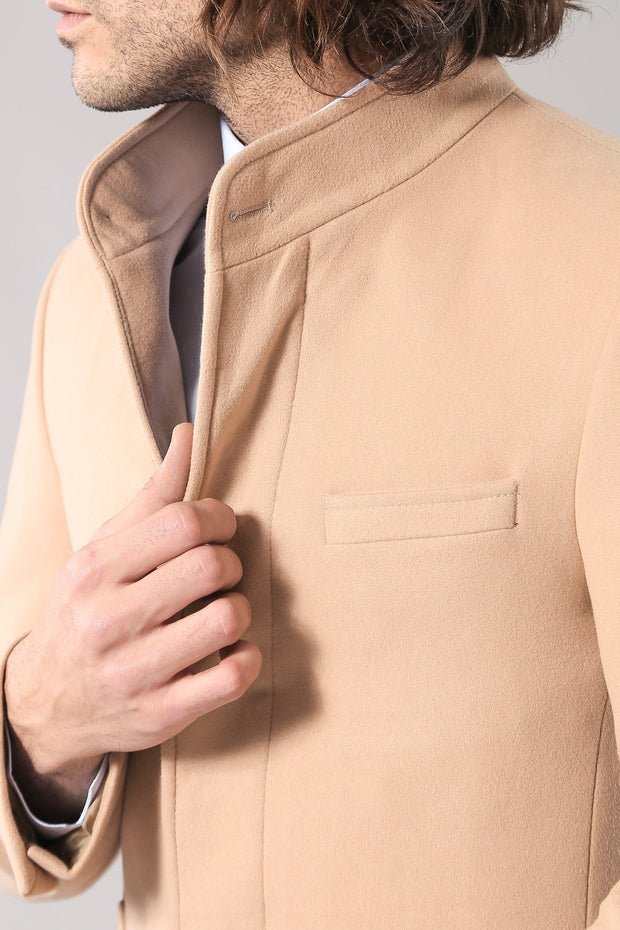 Mandarin Collar Beige Men's Long Men's Coat | Wessi