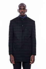 Mandarin Collar Black Checked Coat - Wessi