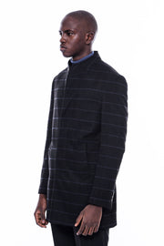 Mandarin Collar Black Checked Coat - Wessi