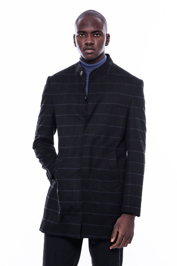 Mandarin Collar Black Checked Coat - Wessi