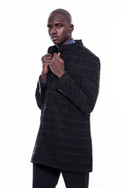 Mandarin Collar Black Checked Coat - Wessi