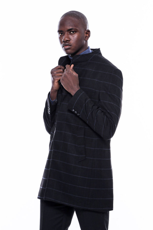 Mandarin Collar Black Checked Coat - Wessi