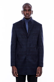 Mandarin Collar Navy Checked Coat - Wessi