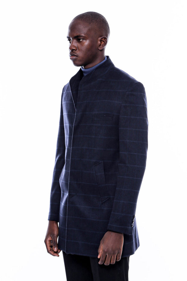 Mandarin Collar Navy Checked Coat - Wessi