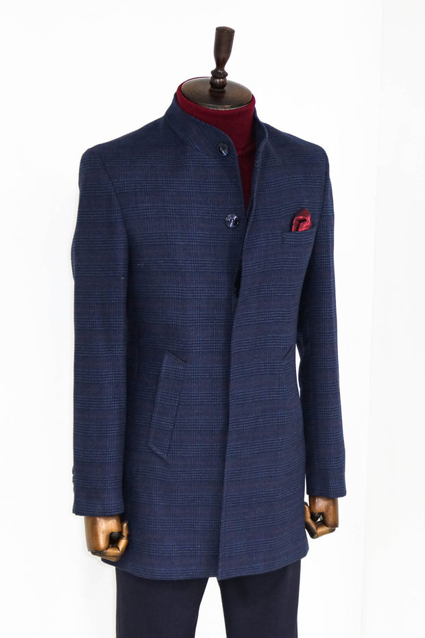 Standing Collar Checked Navy Blue Men Coat - Wessi