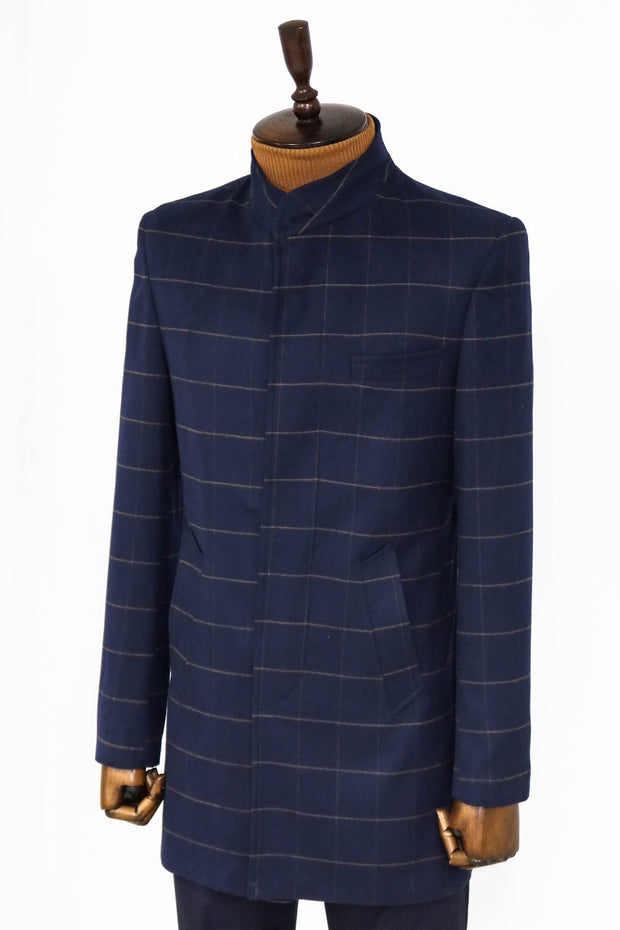 Plaid Standing Collar Navy Blue Men Coat - Wessi