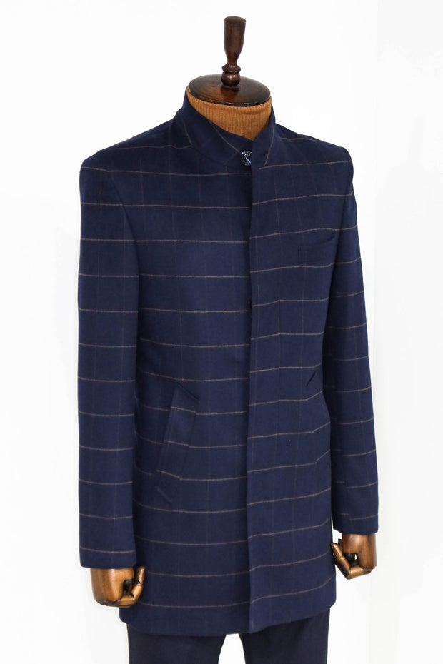 Plaid Standing Collar Navy Blue Men Coat - Wessi